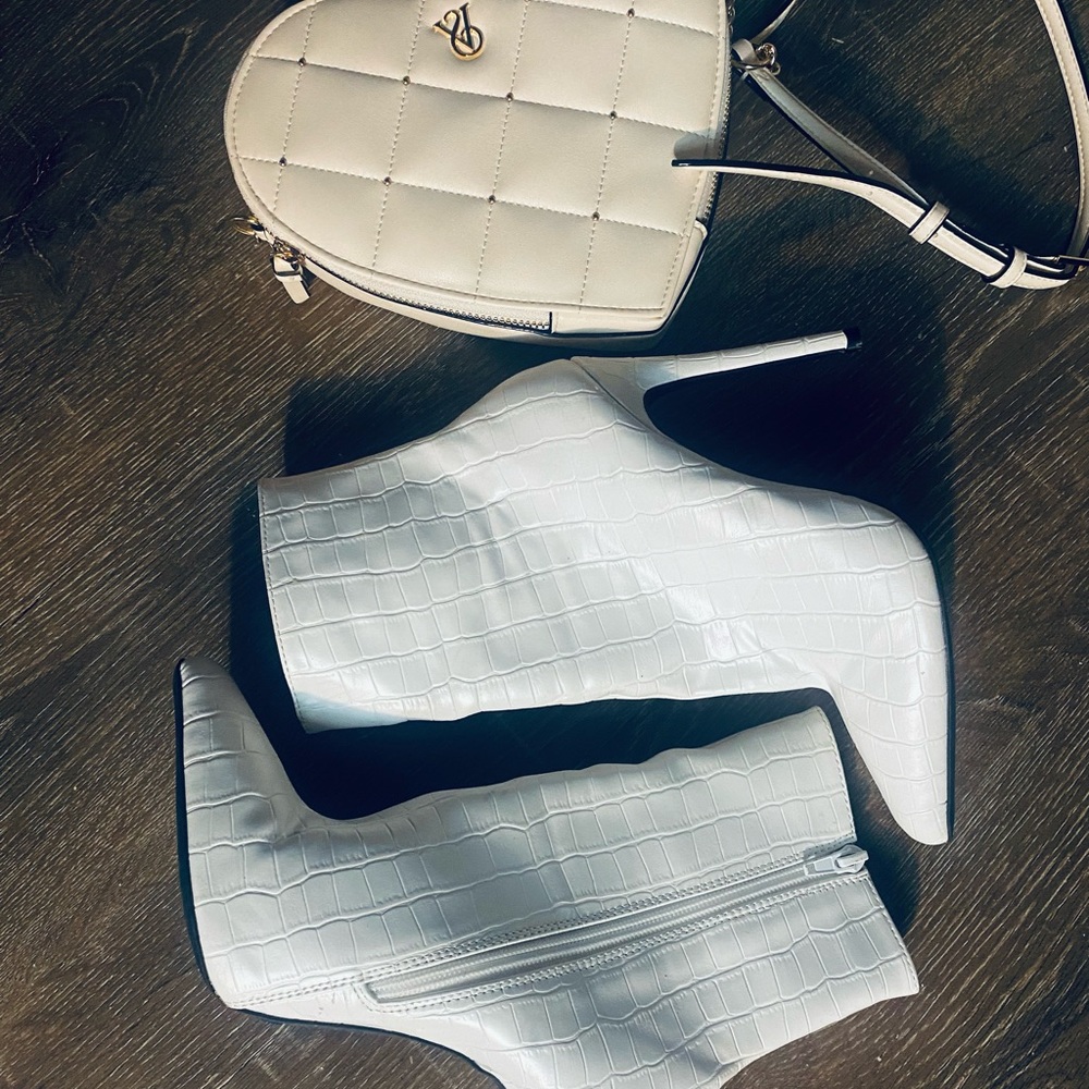 White Croc-Pattern Heeled Boots